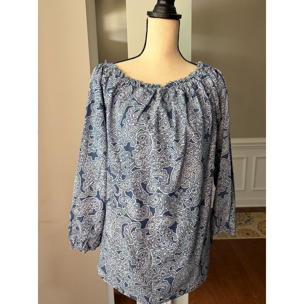 Jones New York Smocked Neck Denim Paisley Top w/ 3/4 Length Sleeve Sz M